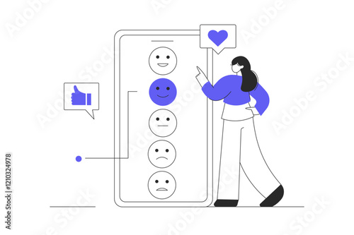Customer feedback. Character Woman choosing smile with good emotion for client experience evaluation. Flat Cartoon Vector Illustration, icon. Stylish abstract 