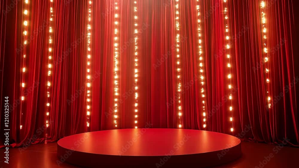 Red curtain stage illuminated by numerous bright lights creating an inviting atmosphere for performances and gatherings