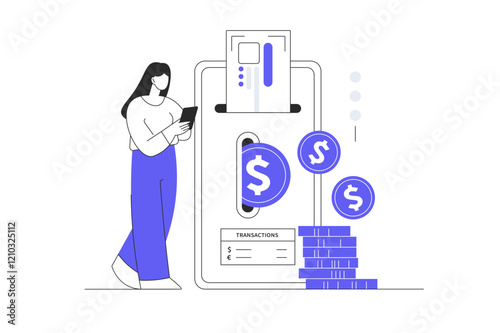 Mobile banking concept. Сurrency exchange in a virtual wallet. Woman makes financial transactions and manages account and digital wallet in application. Flat Cartoon Vector Illustration, icon. Stylish