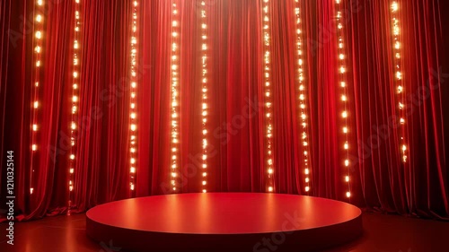 Red curtain stage illuminated by numerous bright lights creating an inviting atmosphere for performances and gatherings
