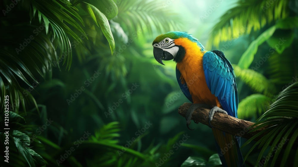 Vibrant macaw perched in lush tropical foliage Vibrant macaw perched in lush tropical foliage
