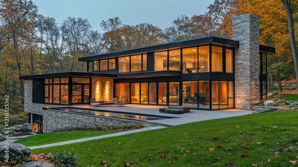Fototapeta premium Modern house with large windows and outdoor pool at sunset surrounded by fall trees