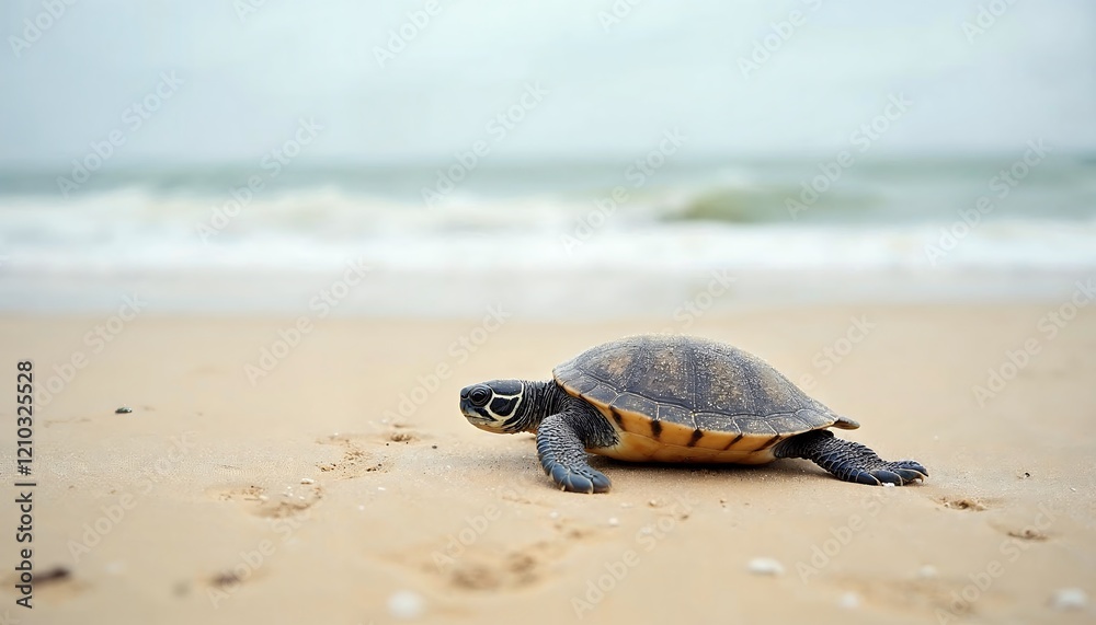 Obraz premium Sea Turtle Crawling on Sandy Beach Near Ocean
