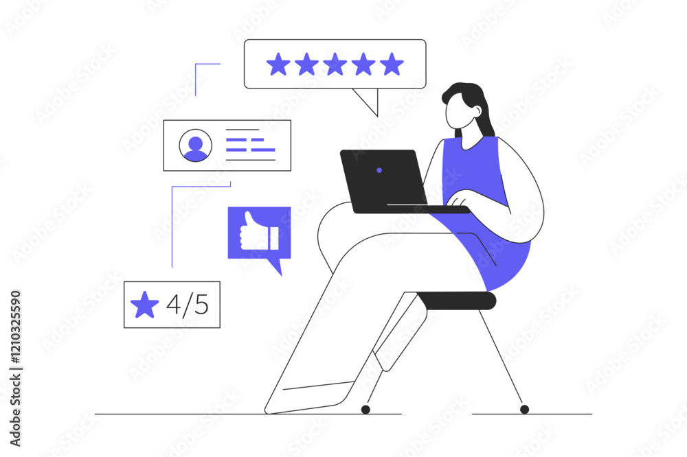 Customer feedback, survey, opinion concept. Character Woman give review rating and feedback on website. Flat Cartoon Vector Illustration, icon. Stylish abstract Customer feedback, survey, opinion concept. Character Woman give review rating and feedback on website. Flat Cartoon Vector Illustration, icon. Stylish abstract