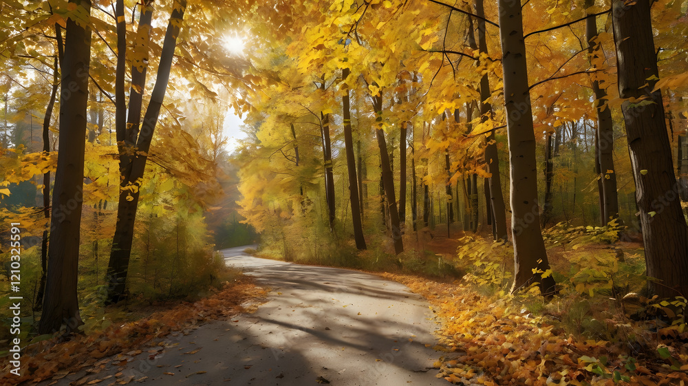 Fototapeta premium Autumn forest scenery with road of fall leaves & warm light illumining the gold foliage.