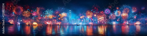 A fireworks display against the night sky, Vibrant new years banner with  fireworks and cheering crowd, Colorful fireworks exploding in the night sky during a festive celebration, Colorful fireworks.