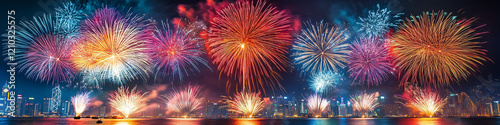 A fireworks display against the night sky, Vibrant new years banner with  fireworks and cheering crowd, Colorful fireworks exploding in the night sky during a festive celebration, Colorful fireworks.