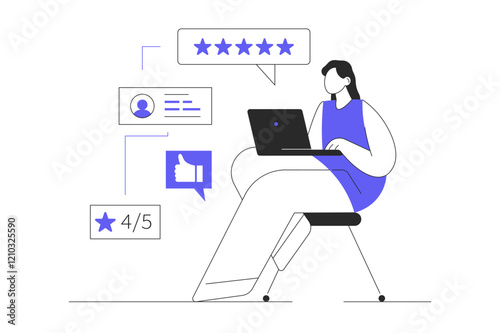 Customer feedback, survey, opinion concept. Character Woman give review rating and feedback on website. Flat Cartoon Vector Illustration, icon. Stylish abstract 