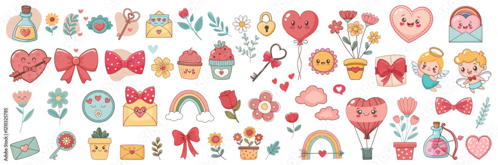 A large collection of 54 love-themed stickers featuring cute and happy Valentine's Day elements such as hearts, flowers, Cupid, rainbows, love letters, love potions, and more. Vector graphics A large collection of 54 love-themed stickers featuring cute and happy Valentine's Day elements such as hearts, flowers, Cupid, rainbows, love letters, love potions, and more. Vector graphics
