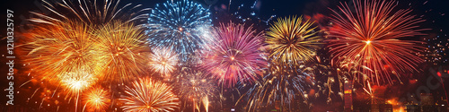 A fireworks display against the night sky, Vibrant new years banner with  fireworks and cheering crowd, Colorful fireworks exploding in the night sky during a festive celebration, Colorful fireworks.