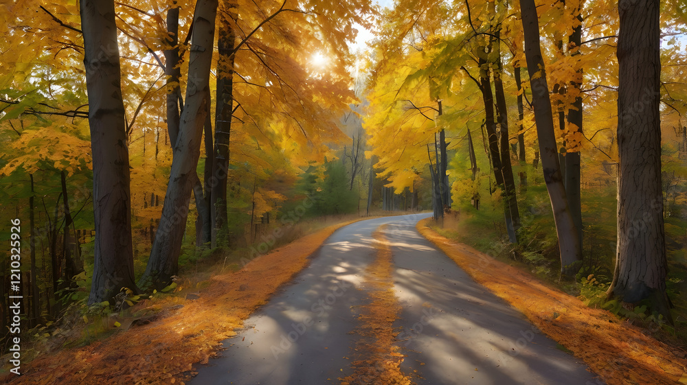 Fototapeta premium Autumn forest scenery with road of fall leaves & warm light illumining the gold foliage. Footpath in scene autumn forest nature. Vivid october day in colorful forest, maple autumn trees road fall way