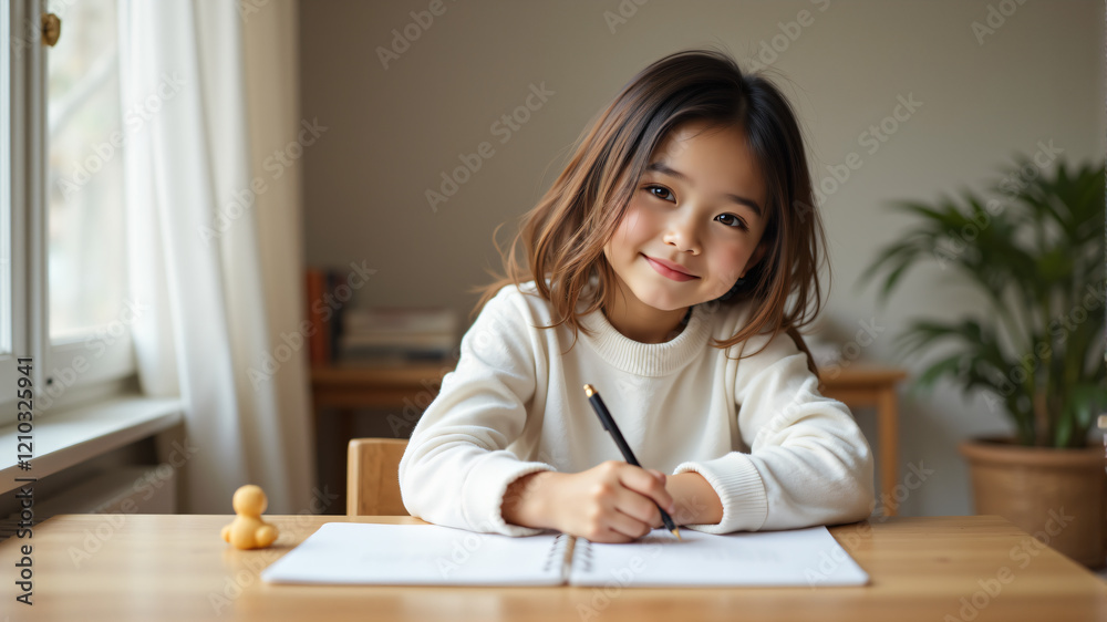A charming young girl with long hair sits at a table, happily writing in her notebook. A charming young girl with long hair sits at a table, happily writing in her notebook.
