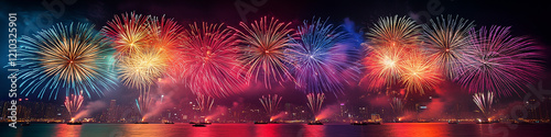 A fireworks display against the night sky, Vibrant new years banner with  fireworks and cheering crowd, Colorful fireworks exploding in the night sky during a festive celebration, Colorful fireworks.