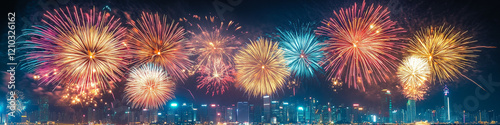 A fireworks display against the night sky, Vibrant new years banner with  fireworks and cheering crowd, Colorful fireworks exploding in the night sky during a festive celebration, Colorful fireworks.