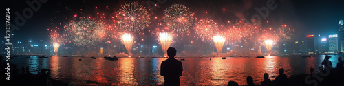 A fireworks display against the night sky, Vibrant new years banner with  fireworks and cheering crowd, Colorful fireworks exploding in the night sky during a festive celebration, Colorful fireworks.