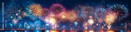 A fireworks display against the night sky, Vibrant new years banner with  fireworks and cheering crowd, Colorful fireworks exploding in the night sky during a festive celebration, Colorful fireworks.