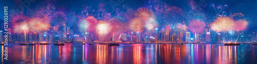 A fireworks display against the night sky, Vibrant new years banner with  fireworks and cheering crowd, Colorful fireworks exploding in the night sky during a festive celebration, Colorful fireworks.