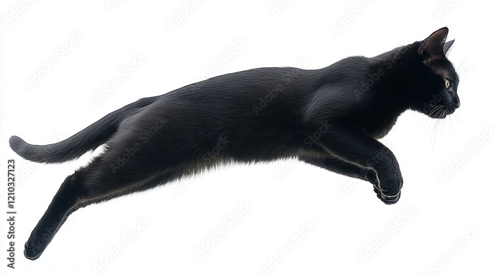 Black Cat in Midair Leap Against White Background Black Cat in Midair Leap Against White Background