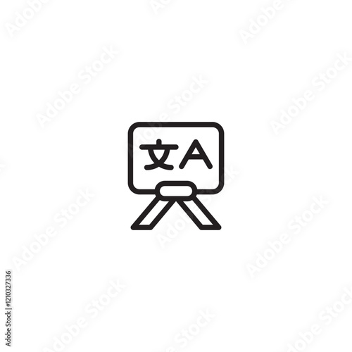 A minimalist line art icon of a whiteboard displaying Chinese characters and the letter "A", representing language learning or a bilingual presentation.