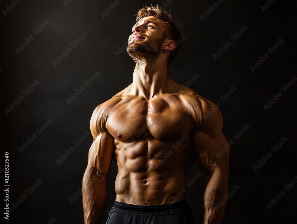 Fototapeta premium A muscular man posing confidently against a dark background.