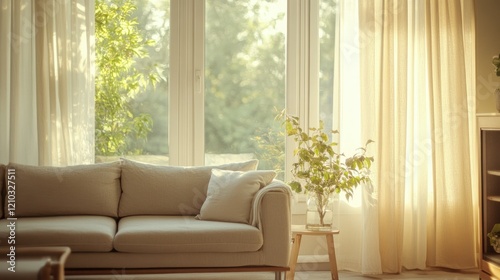 A bright living room with minimal decor, a simple beige couch, and warm, natural light pouring through large windows.