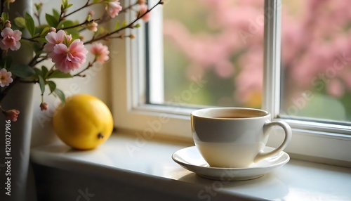 A cozy scene of a warm cup of tea and a blanket by the window with autumn leaves outside (1)