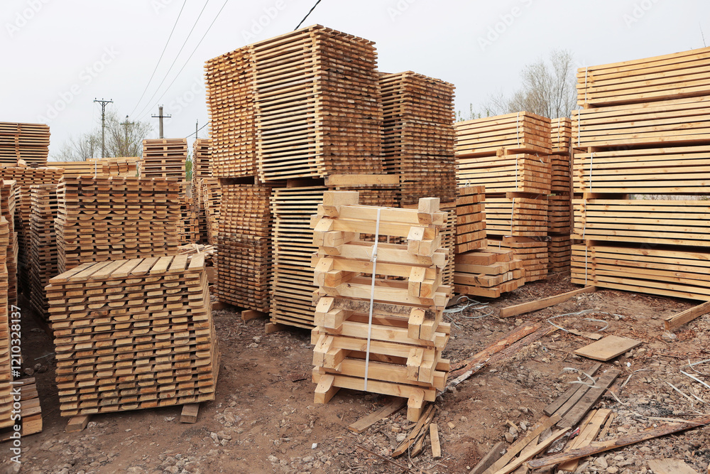 Wooden pallets for transportation of building materials. Wooden pallets are stacked. Wooden pallets for transportation of building materials. Wooden pallets are stacked.