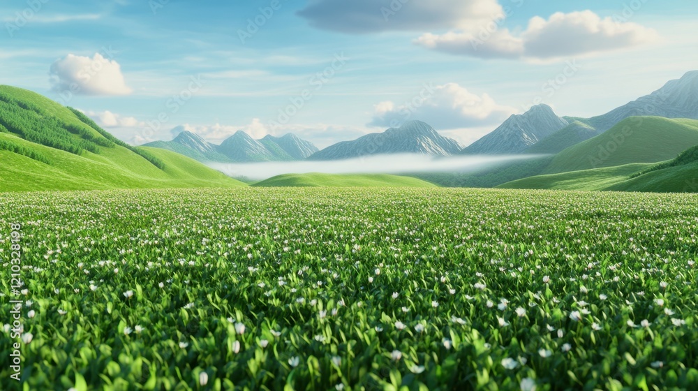 Lush green landscape with blooming flowers and majestic mountains Lush green landscape with blooming flowers and majestic mountains
