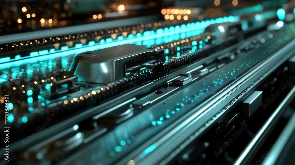 Complex integrated circuit board performing calculations with glowing turquoise lights, suggesting advanced technological processes and innovation in computer engineering Complex integrated circuit board performing calculations with glowing turquoise lights, suggesting advanced technological processes and innovation in computer engineering