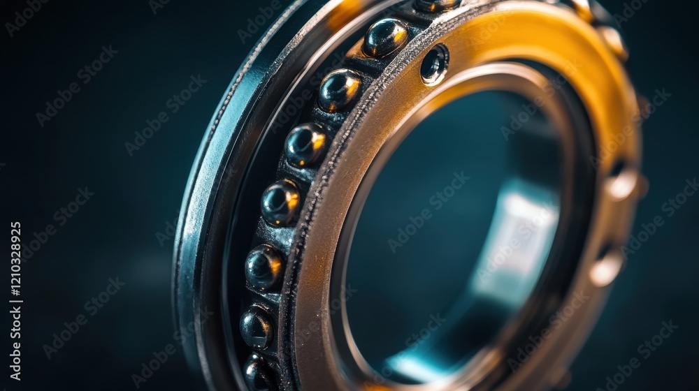 A macro shot of a single ball bearing with visible rolling elements, set against a dark background, highlighting the intricate design and engineering of the part A macro shot of a single ball bearing with visible rolling elements, set against a dark background, highlighting the intricate design and engineering of the part