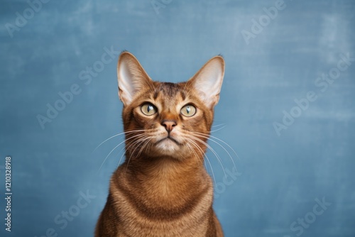 Portrait of a smiling havana brown cat isolated on minimalist or empty room background photo