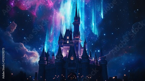 A dreamlike transparent castle with vivid nebulas and radiant auroras lighting up the night sky, evoking magic and wonder.