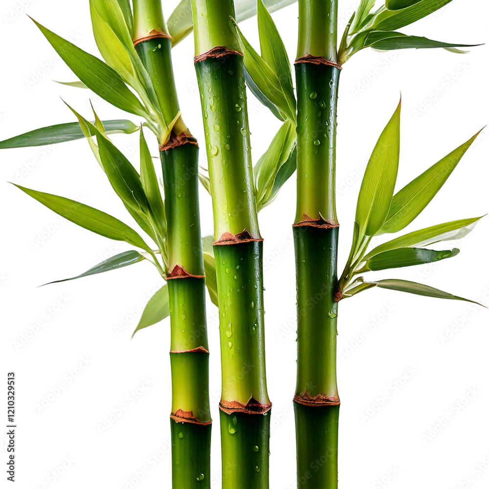 Fototapeta premium Lush green bamboo stalks with water droplets, isolated on black background; perfect for spa, nature, or zen-themed designs.