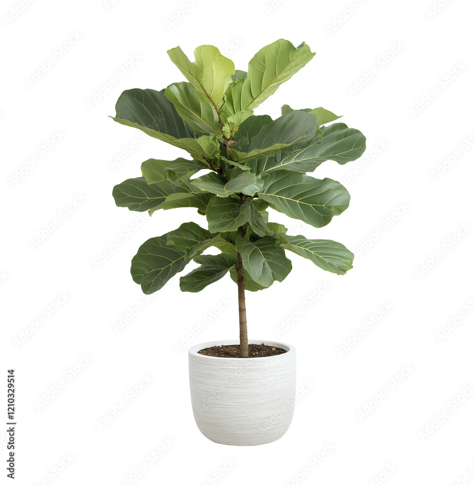 Tall fiddle leaf fig plant in white textured planter image isolated transparent, ai generated. Natural indoor greenery cut out photo png. Modern houseplant decor cutout element object photography