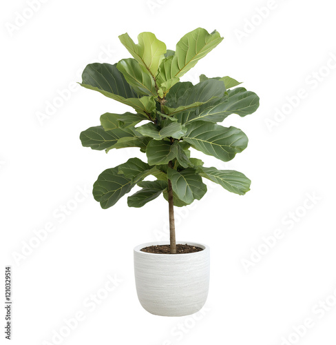 Obraz na płótnie Tall fiddle leaf fig plant in white textured planter image isolated transparent, ai generated. Natural indoor greenery cut out photo png. Modern houseplant decor cutout element object photography w salonie