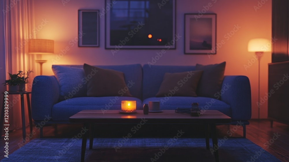 A modern minimalist living room with a gray sofa, a wooden coffee table, and soft ambient lighting creating a warm, inviting vibe.