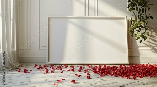 Painting mockup and scattered flower petals near wall, ai generated