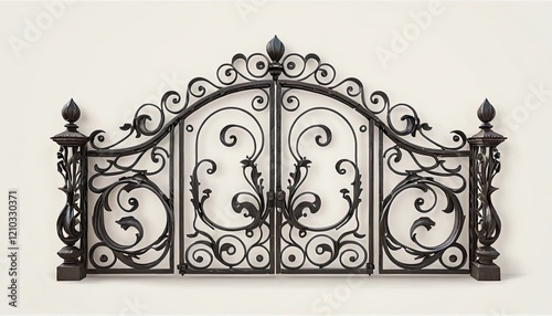 Ornate wrought iron gate design with elegant patterns on a light background, decorative art photo