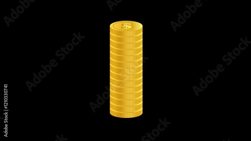 Rising Golden Coins Stack on transparent background with alpha channel. Falling gold coins. Stack of shiny gold coins with dollar signs embossed on them. Straight stack of coins