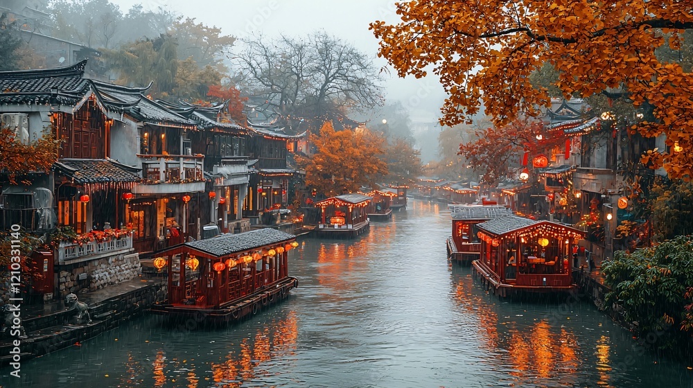 Obraz premium Rainy Autumn in Zhujiajiao, China - Canal Boats