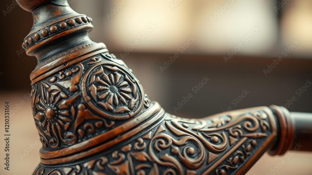 Naklejka premium Close-up of eastern hookah pipe with intricate carvings and patterns inlaid on the wooden base, Middle Eastern art, inlay, close-up