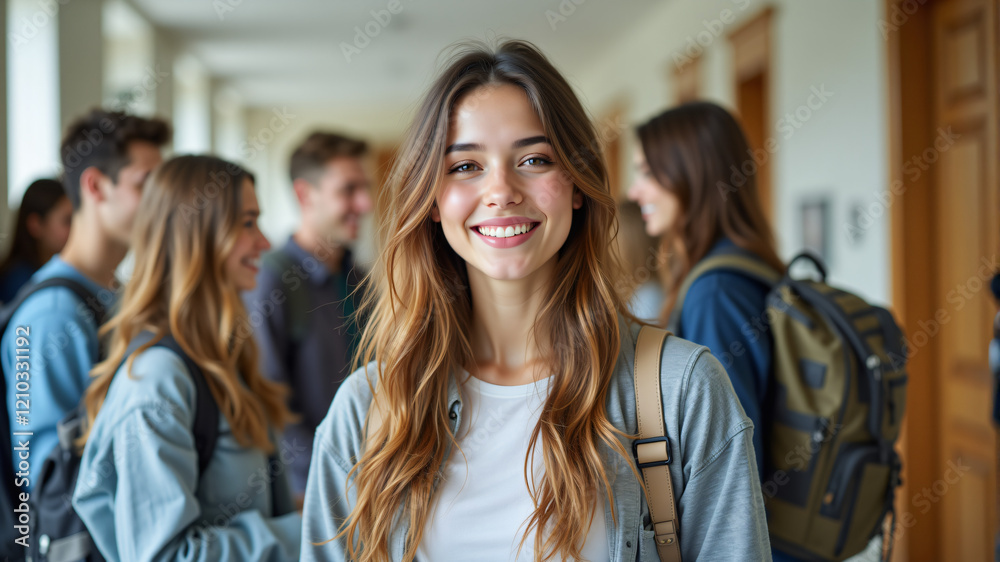Fototapeta premium A cheerful young woman with long hair, wearing a casual outfit, stands among friends.
