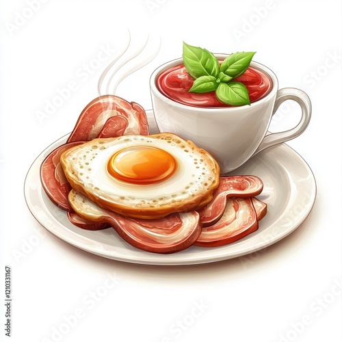 Fried egg, bacon, tomato sauce breakfast photo