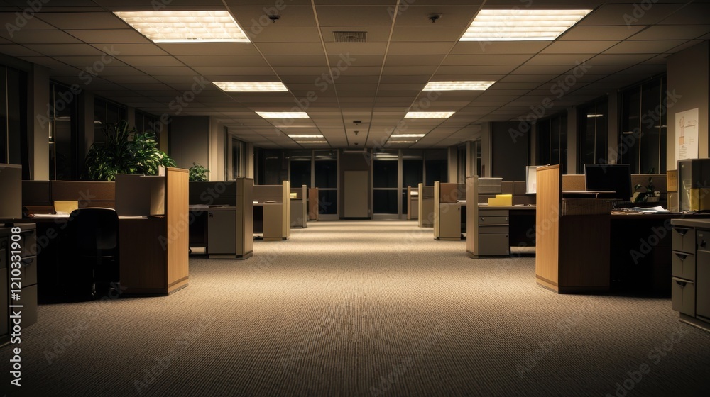 Empty office space illuminated by overhead lights at night Empty office space illuminated by overhead lights at night