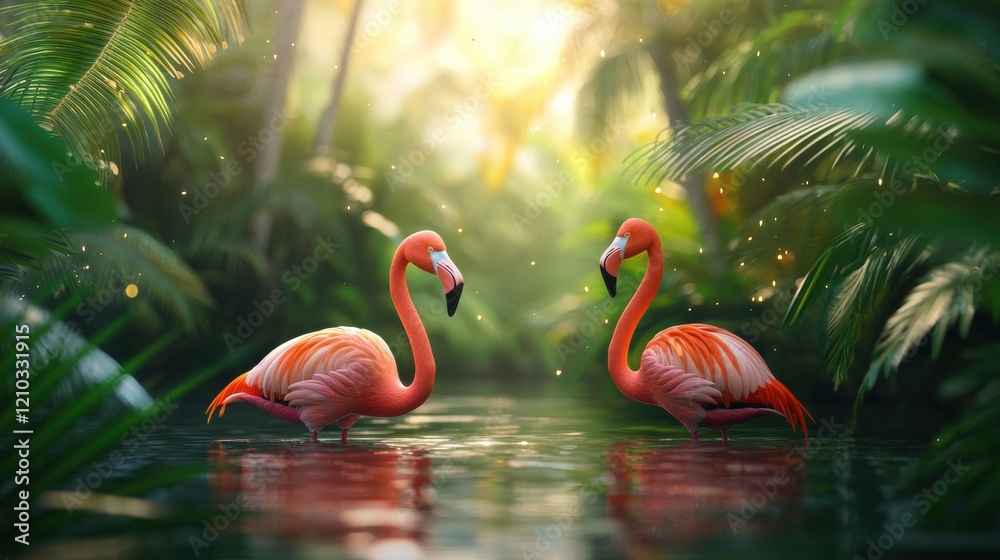Fototapeta premium Elegant flamingos in a tropical rainforest setting