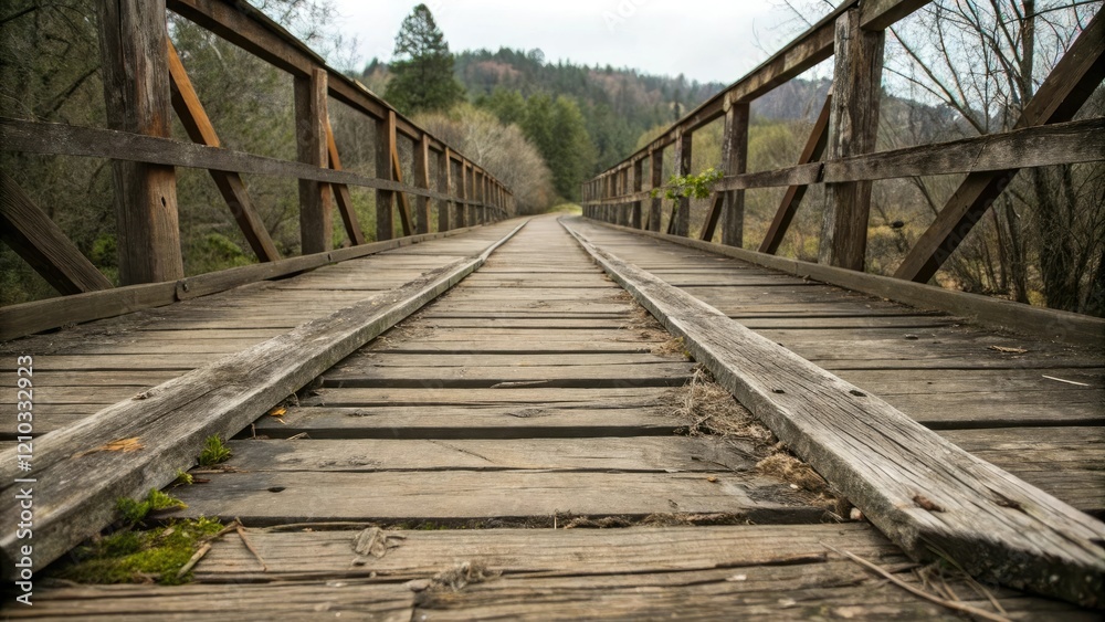 Close-up of worn, weathered wooden planks on a dilapidated bridge, wooden structures, rusty metal Close-up of worn, weathered wooden planks on a dilapidated bridge, wooden structures, rusty metal