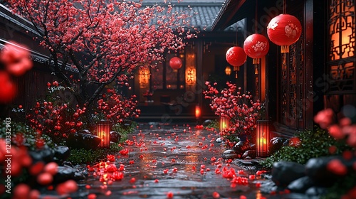 Red Blossoms & Lanterns in a Chinese Garden