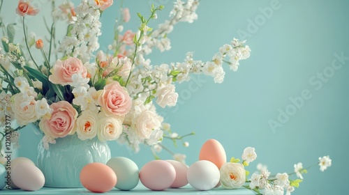 Bright and festive Easter composition with pastel eggs and flowers on a soft blue background, ideal for seasonal promotions.
