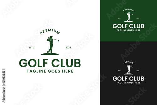Silhouette logo design of person playing golf on course template vector illustration