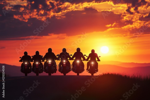 A group of motorcyclists ride down a road at sunset